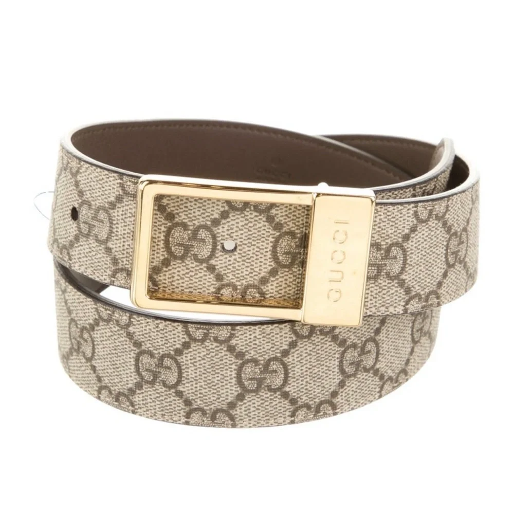 💋Gucci Beige and Brown Monogram Belt with Gold Buckle
